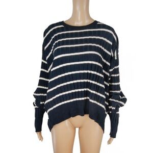 T Alexander Wang Oversized Navy Blue Stripe Merino Wool Ribbed Knit Sweater